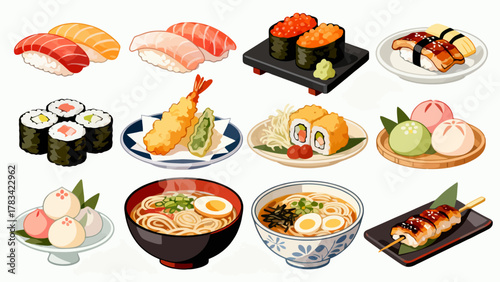 apanese cuisine, sushi, eel rice, ramen, seaweed rice, fried shrimp, kebabs, salmon, caviar, etc., with cartoon hand-drawn vector illustrations