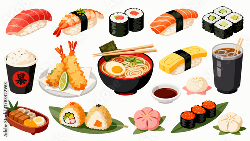 apanese cuisine, sushi, eel rice, ramen, seaweed rice, fried shrimp, kebabs, salmon, caviar, etc., with cartoon hand-drawn vector illustrations