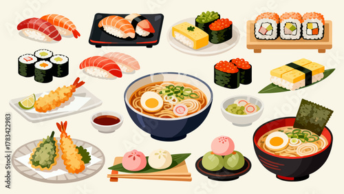 apanese cuisine, sushi, eel rice, ramen, seaweed rice, fried shrimp, kebabs, salmon, caviar, etc., with cartoon hand-drawn vector illustrations