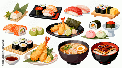 apanese cuisine, sushi, eel rice, ramen, seaweed rice, fried shrimp, kebabs, salmon, caviar, etc., with cartoon hand-drawn vector illustrations