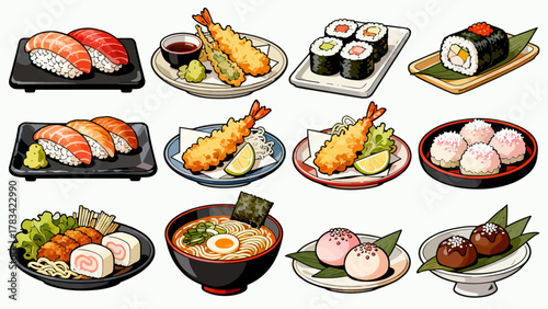 apanese cuisine, sushi, eel rice, ramen, seaweed rice, fried shrimp, kebabs, salmon, caviar, etc., with cartoon hand-drawn vector illustrations