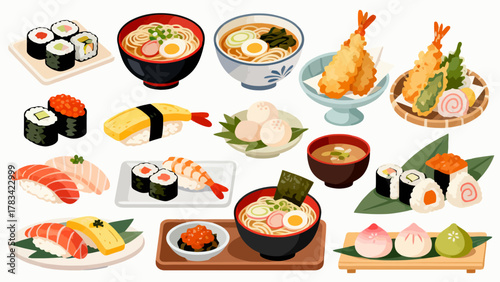 apanese cuisine, sushi, eel rice, ramen, seaweed rice, fried shrimp, kebabs, salmon, caviar, etc., with cartoon hand-drawn vector illustrations