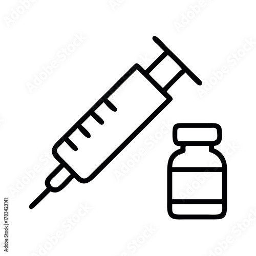 Simple line art icon of a medical syringe and vial for injection or vaccination