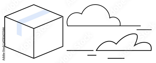 Cardboard box beside simple clouds illustrating fast delivery, efficiency, and logistics. Ideal for shipping, delivery services, e-commerce, cloud storage, speed, supply chain simple flat metaphor