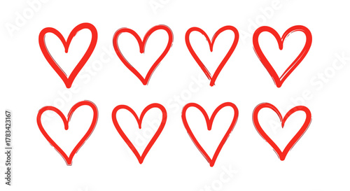Collection of eight hand drawn red hearts with a brush stroke texture on a white background