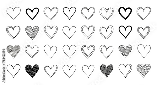 Collection of hand drawn heart shapes in various styles including outlines double outlines and sketched fills on a white background