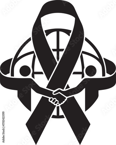 Human rights day symbol global unity support black ribbon people shaking hands earth icon
