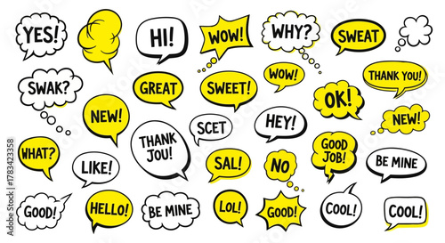 Collection of hand drawn speech bubbles with various exclamations and questions in black and yellow on white background