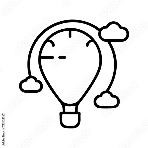 Whimsical hot air balloon soaring through a cloudy sky with a curved path