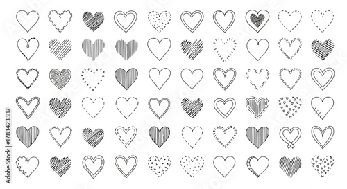 Collection of diverse hand drawn heart shapes in black and white featuring various styles like solid lines dashed outlines hatching and dotted patterns
