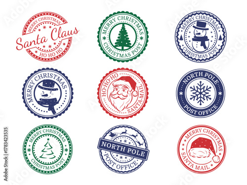 Set of round postal seals with Santa Claus stamps. North Pole post office. Snowman and Christmas tree, snowflake and Santa's face. New Year and Christmas design. Vector illustration.