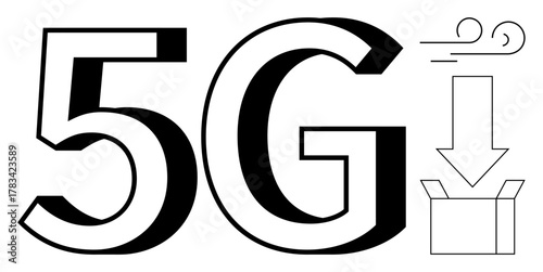 5G text with fast motion lines, download arrow pointing into box, symbol of fast internet. Ideal for technology, communication, innovation, connectivity, speed, data transmission and digital