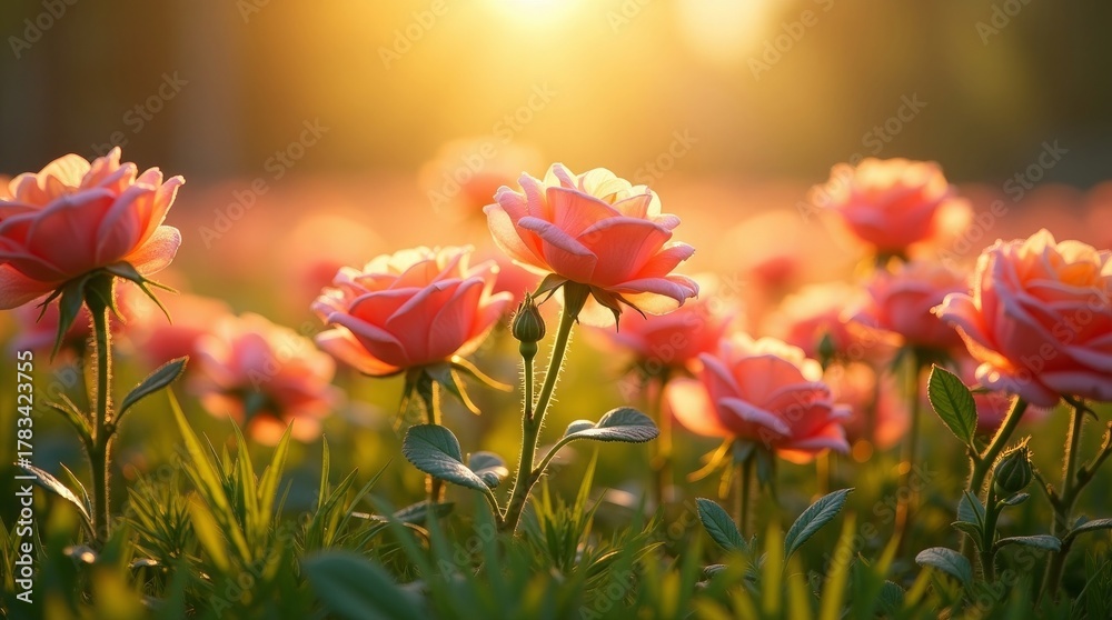 Obraz premium Coral roses blooming in golden sunlight garden golden hour