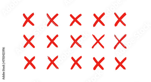 Fifteen red hand drawn crosses arranged in three rows of five against a clean white background