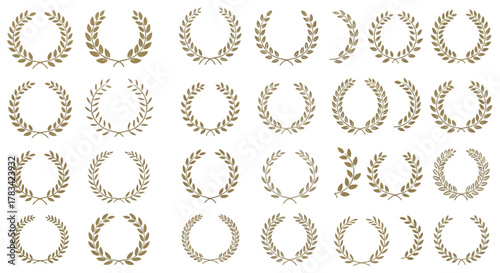 Collection of golden laurel wreaths and branches symbolizing victory achievement and excellence