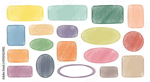 Collection of hand drawn pastel colored shapes and frames with a sketchy texture on a white background