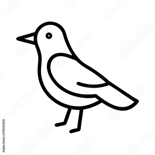 Simple outline drawing of a small bird standing on two legs with a pointed beak