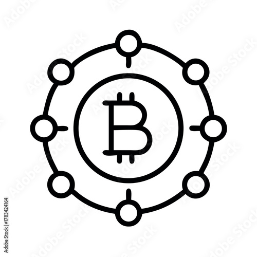 Abstract bitcoin logo surrounded by interconnected nodes representing a decentralized network