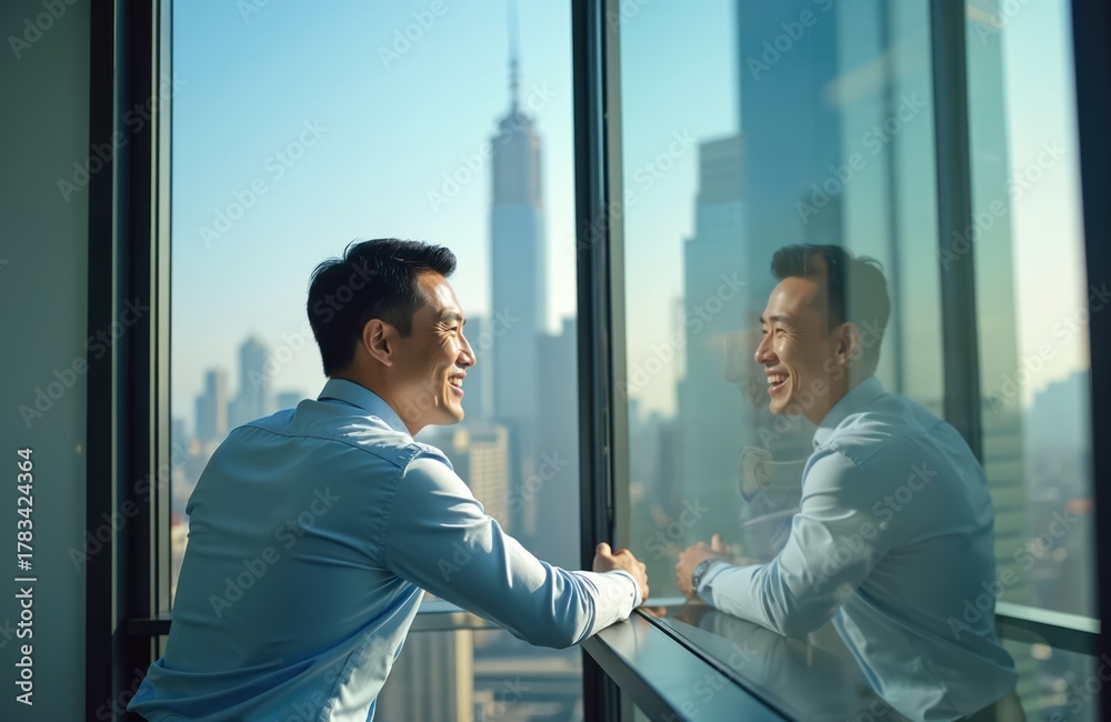Obraz premium Asian businessman gazes through office window at cityscape. Smiling man in blue shirt enjoys city view. Happy executive reflects in glass looking outside. Urban business concept.