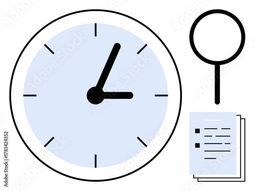 Clock signaling time awareness, magnifying glass symbolizing focus, and documents emphasizing organization. Ideal for productivity, research, planning, organization, time tracking, efficiency simple