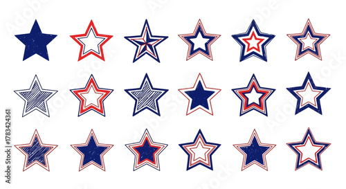 Collection of hand drawn stars in red white and blue with various fill patterns and outlines for patriotic designs