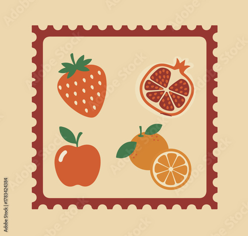 Vintage fruit illustration, flat design icons, simple retro strawberry, apple, orange, pomegranate symbols.