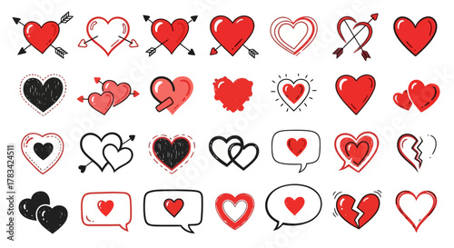 Collection of hand drawn heart icons in red and black for valentine s day and love themes