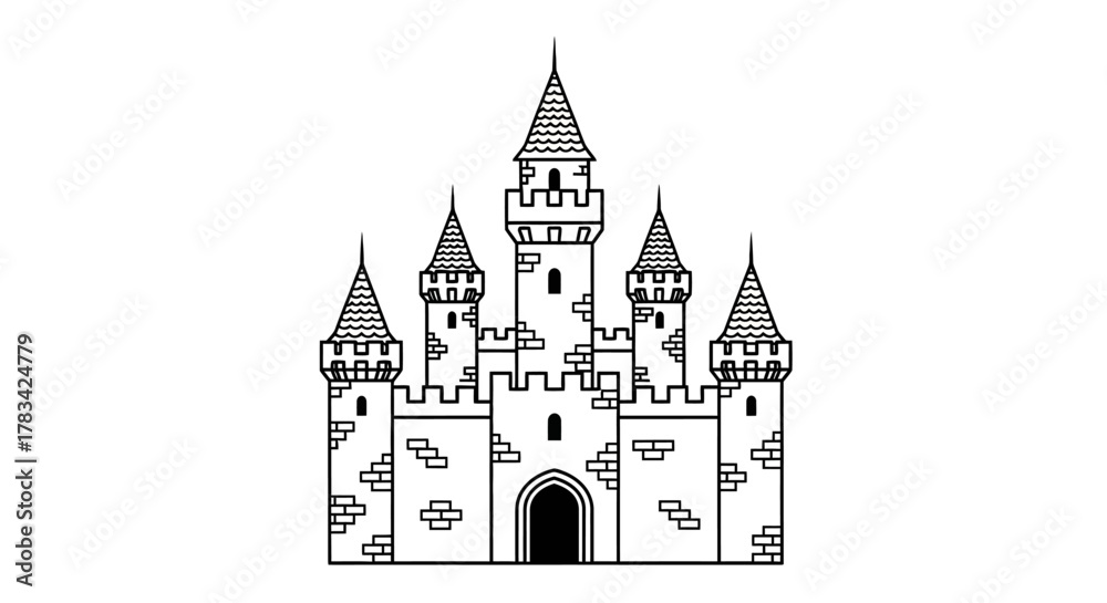 Obraz premium A simple line art illustration of a majestic fairytale castle with multiple turrets, battlements, and a grand arched entrance, presented on a clean background.