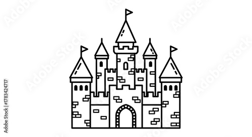 Classic fantasy fairytale castle line art illustration with multiple towers, turrets, and flags, depicting an ancient fortress icon on a white backdrop.