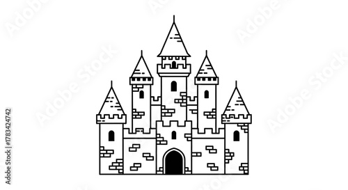A simple black and white line art illustration of a majestic medieval castle with multiple towers, spires, and a grand archway, symbolizing history, fantasy, and architectural heritage.