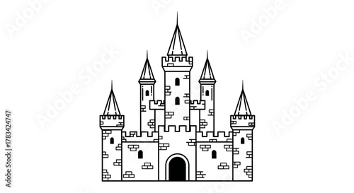 Outline vector illustration of a classic medieval castle with multiple spires, battlements, and arched entrance, symbolizing history, royalty, and fairy tale concepts.