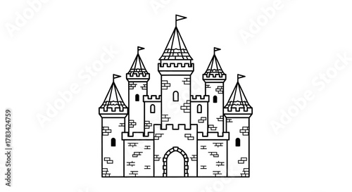 Medieval fairy tale castle black outline icon with multiple turrets, flags, and arched gate. fantasy kingdom fortress simple vector illustration isolated.