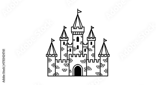 An outline illustration of a medieval fantasy castle with multiple towering turrets, pointed roofs, flags, and battlements.