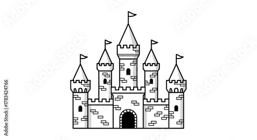 Classic fairytale castle illustration with multiple pointed towers, flying flags, sturdy battlements, and a grand archway entrance in a clean line art style.