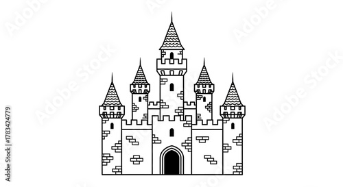 A simple line art illustration of a majestic fairytale castle with multiple turrets, battlements, and a grand arched entrance, presented on a clean background.