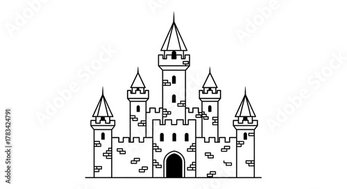 Minimalist black and white line art illustration of a medieval fantasy castle with multiple towers, battlements, and an arched entrance, perfect for design projects.