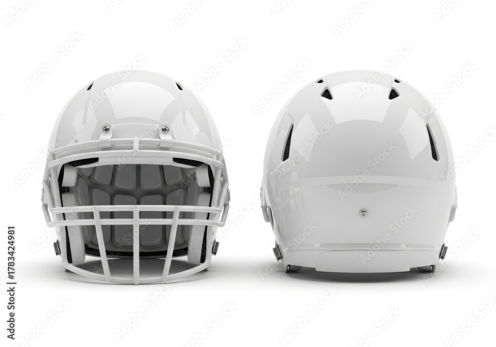 Fototapeta premium Two white american football helmets facing opposite directions
