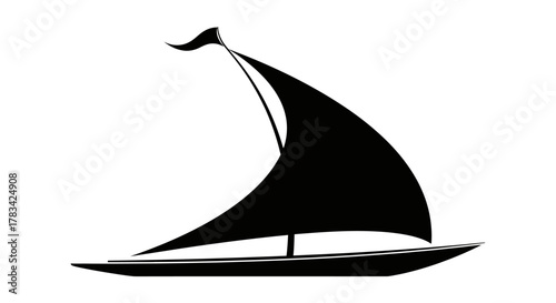 Minimalist black silhouette icon of a classic sailboat with a single mast and sail, symbolizing freedom, adventure, maritime travel, and journey exploration