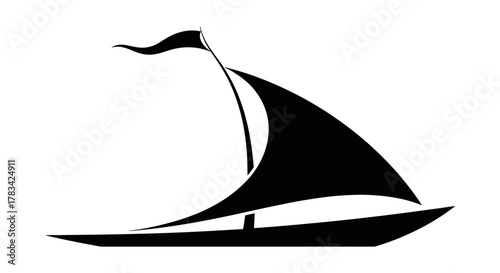 Elegant black silhouette of a sailboat with a prominent sail and a small flag, symbolizing adventure, freedom, and marine travel for various design applications.