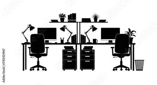 Modern office cubicle workstations with computers, ergonomic chairs, desk lamps, filing cabinets, and potted plants, illustrating a shared workspace environment
