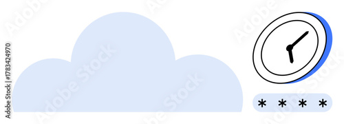 Cloud with password box and clock symbolizing data storage, digital security, time tracking, access control, productivity, scheduling, and modern technology. Ideal for IT, privacy efficiency