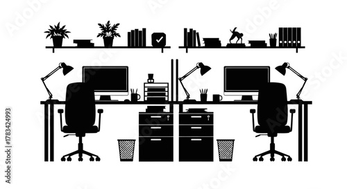 Silhouette illustration of a modern office workspace with two cubicles, desks, chairs, computers, lamps, plants, shelves, and office supplies for productivity.