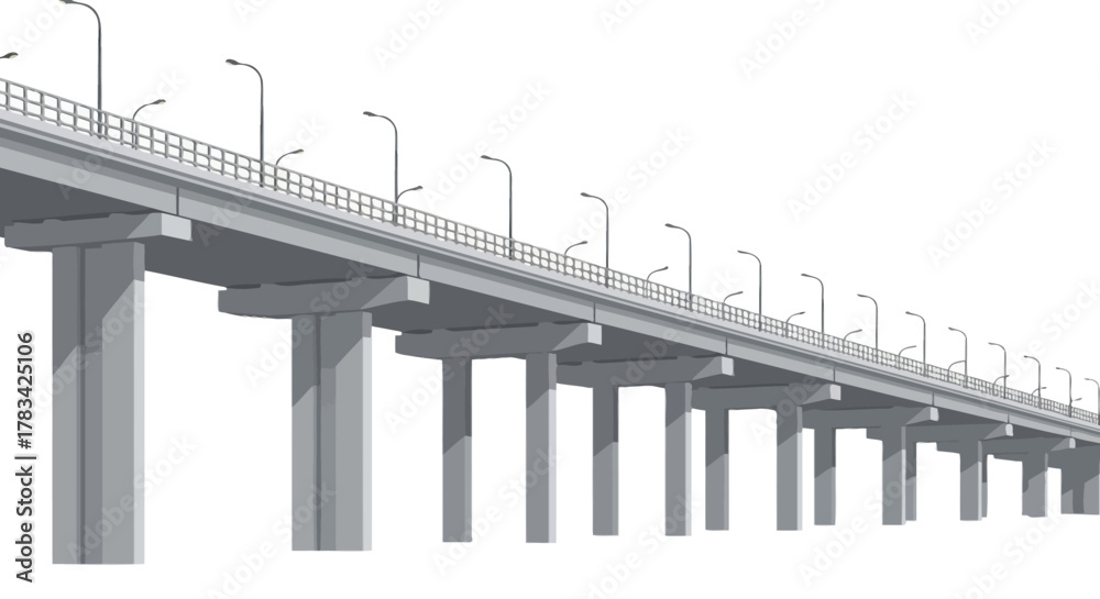 Fototapeta premium Elevated concrete highway bridge with numerous lampposts and safety railings, showcasing modern urban infrastructure design and engineering. isolated.