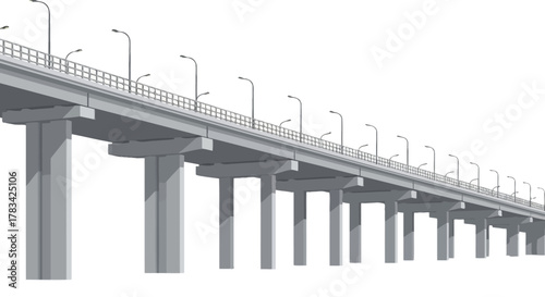Elevated concrete highway bridge with numerous lampposts and safety railings, showcasing modern urban infrastructure design and engineering. isolated.