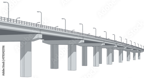 Concrete bridge illustration showing multiple sturdy pillars, long road deck, streetlights, and railings, stretching far into distant perspective.
