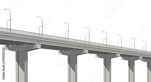 Elevated highway bridge vector illustration showcasing modern urban infrastructure, a key transportation route with streetlights on a clear white background