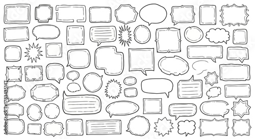 Collection of hand drawn speech bubbles and comic book style frames with various shapes and designs on a white background
