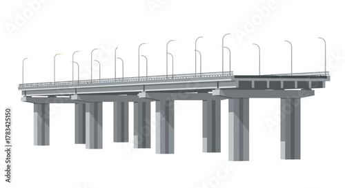 Elevated highway bridge overpass, showing modern road infrastructure with multiple lanes, concrete support pillars, guardrails, and streetlights.