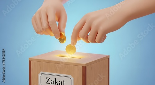 Hands depositing golden coins into a Zakat charity box, symbolizing donation, giving, and religious contribution