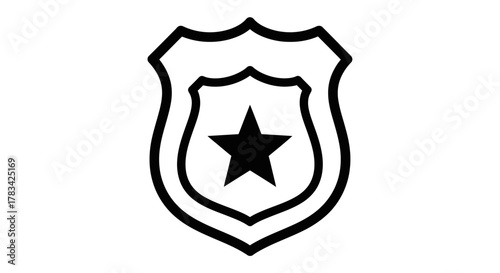 Official police officer badge icon with a central star emblem, symbolizing law enforcement, security, protection, and military authority in a sleek, isolated design element.